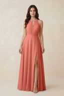 Halter A - Line Chiffon Bridesmaid Dress With Slit in Wild Rose - KissProm Bridesmaid Dresses