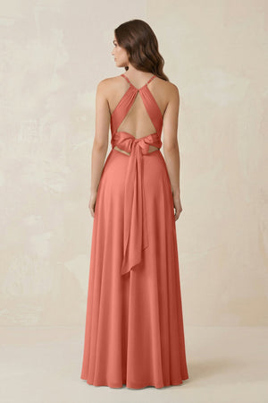 Halter A - Line Chiffon Bridesmaid Dress With Slit in Wild Rose - KissProm Bridesmaid Dresses