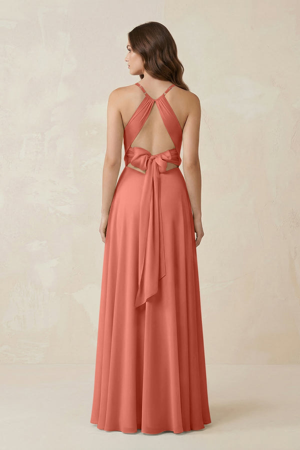 Halter A - Line Chiffon Bridesmaid Dress With Slit in Wild Rose - KissProm Bridesmaid Dresses