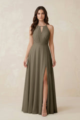 Halter A - Line Chiffon Bridesmaid Dress With Slit in Willow Green - KissProm Bridesmaid Dresses