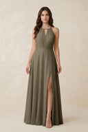 Halter A - Line Chiffon Bridesmaid Dress With Slit in Willow Green - KissProm Bridesmaid Dresses