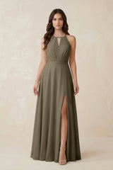 Halter A - Line Chiffon Bridesmaid Dress With Slit in Willow Green - KissProm Bridesmaid Dresses