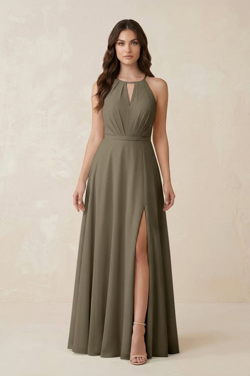 Halter A - Line Chiffon Bridesmaid Dress With Slit in Willow Green - KissProm Bridesmaid Dresses