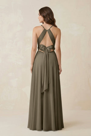 Halter A - Line Chiffon Bridesmaid Dress With Slit in Willow Green - KissProm Bridesmaid Dresses