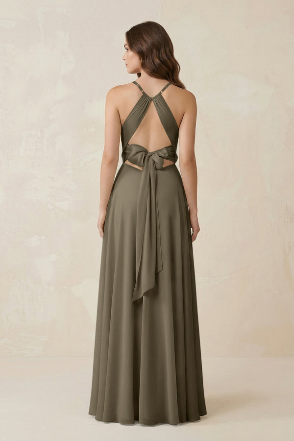 Halter A - Line Chiffon Bridesmaid Dress With Slit in Willow Green - KissProm Bridesmaid Dresses