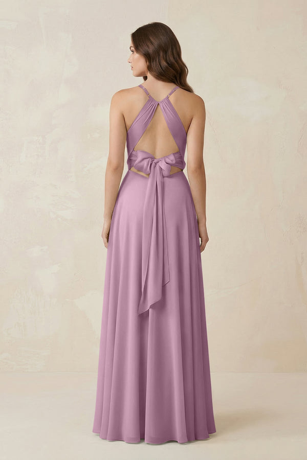 Halter A - Line Chiffon Bridesmaid Dress With Slit in Wisteria - KissProm Bridesmaid Dresses
