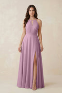 Halter A - Line Chiffon Bridesmaid Dress With Slit in Wisteria - KissProm Bridesmaid Dresses