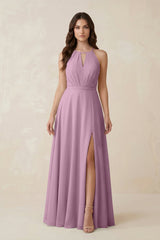 Halter A - Line Chiffon Bridesmaid Dress With Slit in Wisteria - KissProm Bridesmaid Dresses