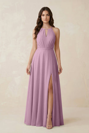 Halter A - Line Chiffon Bridesmaid Dress With Slit in Wisteria - KissProm Bridesmaid Dresses