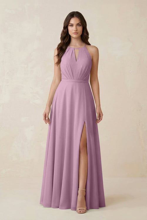 Halter A - Line Chiffon Bridesmaid Dress With Slit in Wisteria - KissProm Bridesmaid Dresses