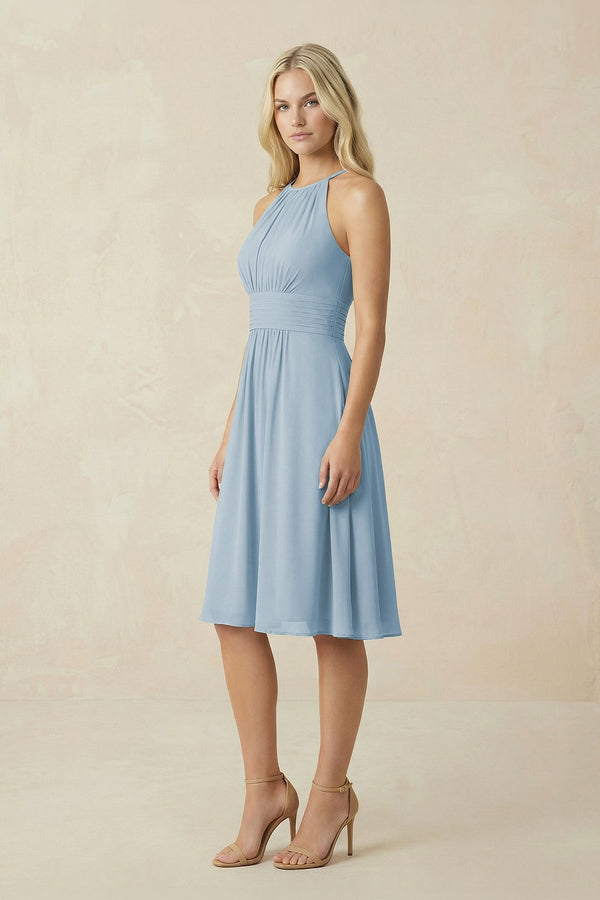 Halter A - Line Chiffon Midi Bridesmaid Dress - KissProm Bridesmaid Dresses