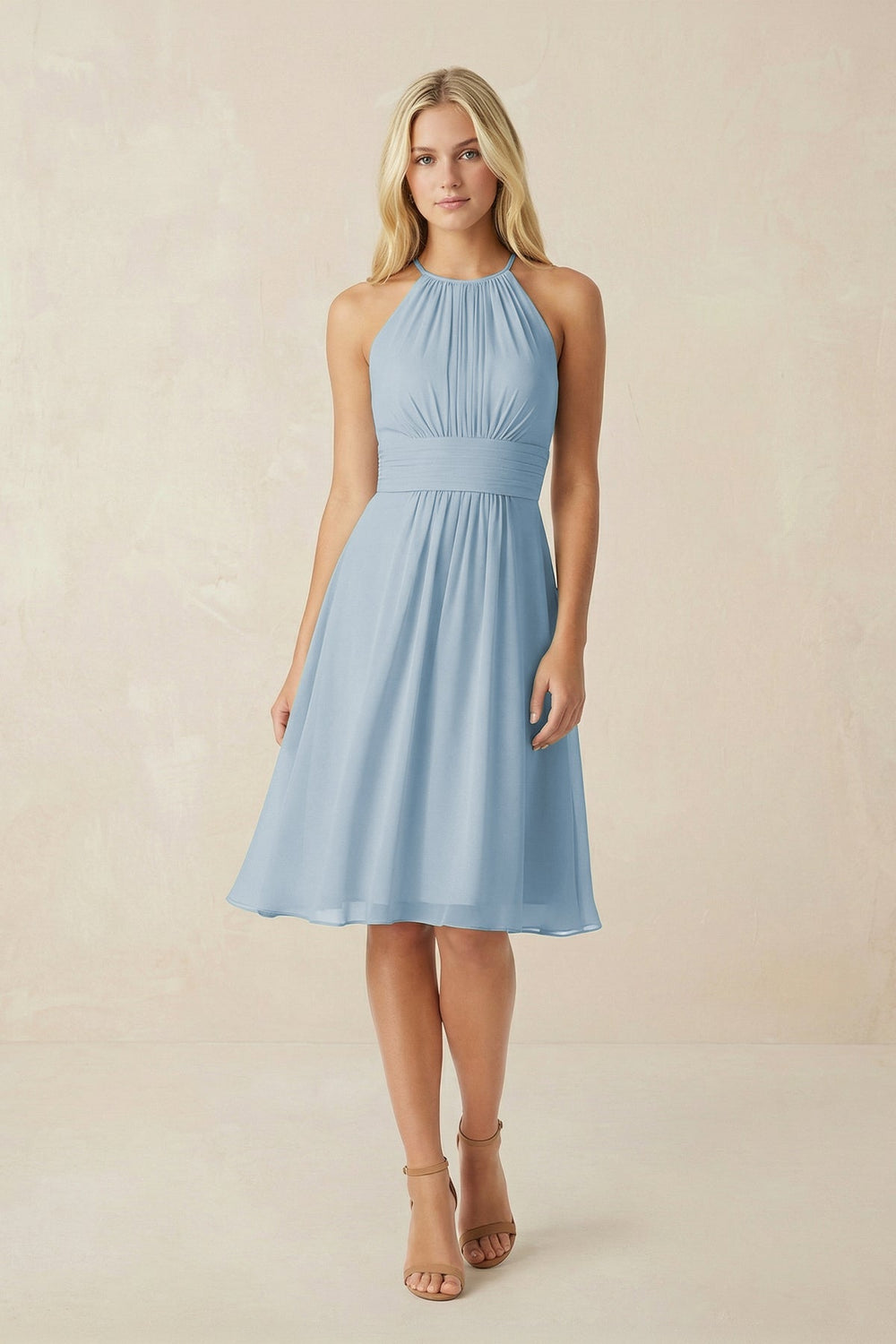 Halter A - Line Chiffon Midi Bridesmaid Dress - KissProm Bridesmaid Dresses