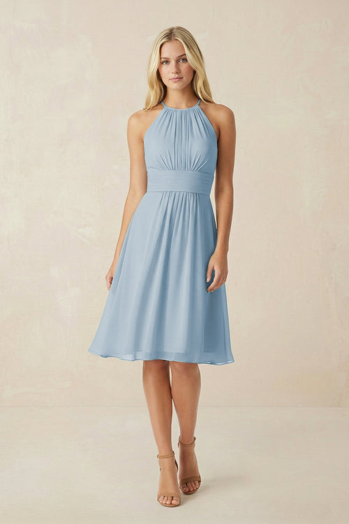 dusty blue midi bridesmaid dresses Halter A-Line Chiffon Midi Bridesmaid Dress in Dusty Blue, Dusty Blue / 30