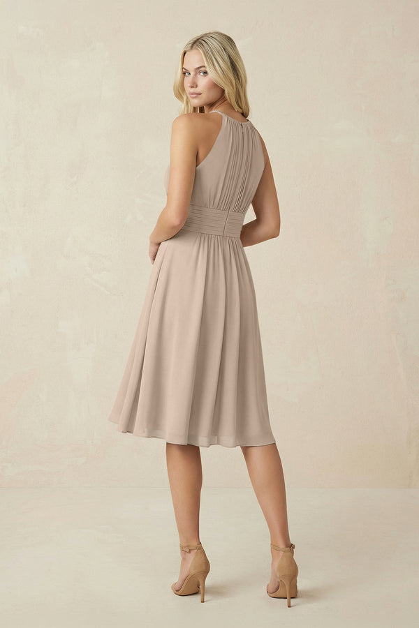 Halter A - Line Chiffon Midi Bridesmaid Dress in Almond - KissProm Bridesmaid Dresses