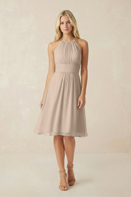 Halter A - Line Chiffon Midi Bridesmaid Dress in Almond - KissProm Bridesmaid Dresses