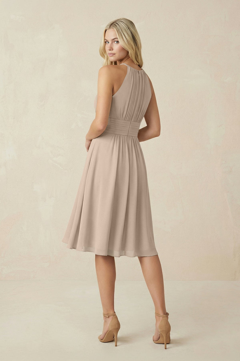 Halter A - Line Chiffon Midi Bridesmaid Dress in Almond - KissProm Bridesmaid Dresses