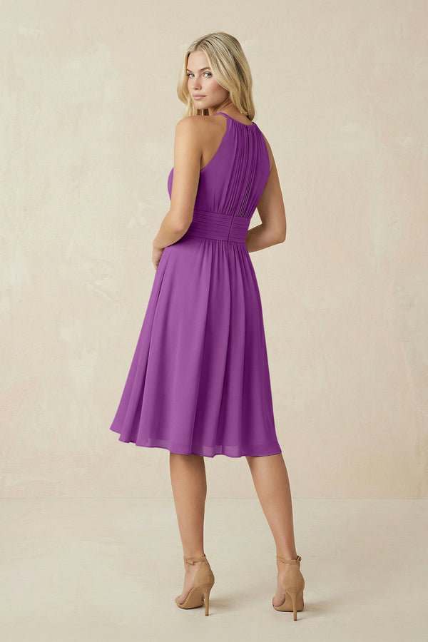 Halter A - Line Chiffon Midi Bridesmaid Dress in Amethyst - KissProm Bridesmaid Dresses