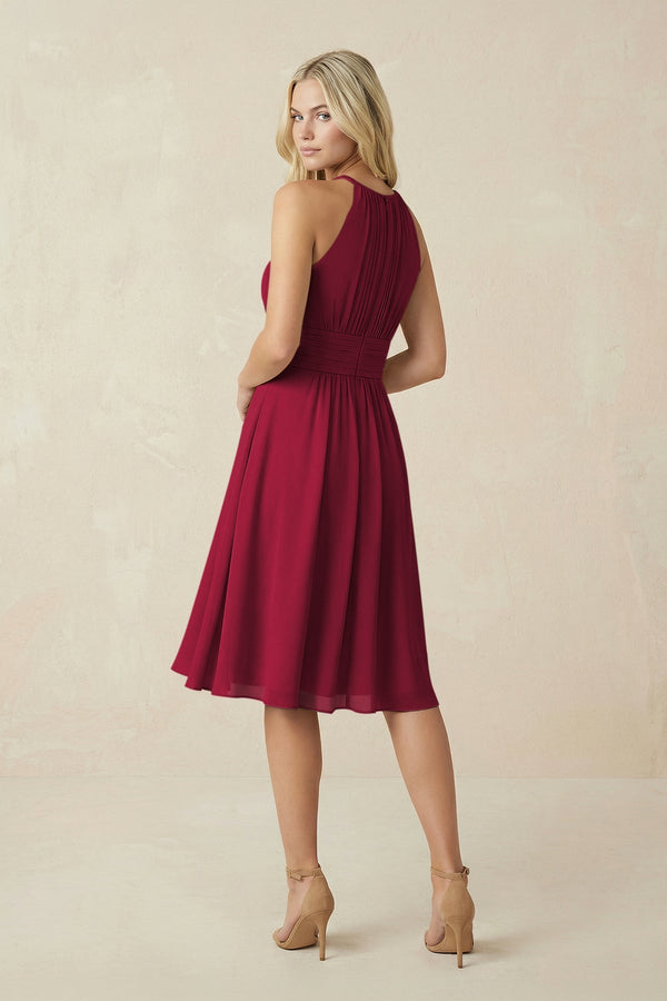 Halter A - Line Chiffon Midi Bridesmaid Dress in Berry - KissProm Bridesmaid Dresses