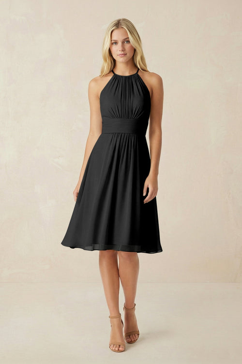 Halter A - Line Chiffon Midi Bridesmaid Dress in Black - KissProm Bridesmaid Dresses