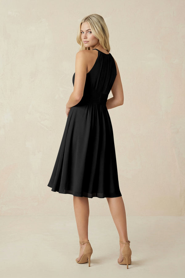 Halter A - Line Chiffon Midi Bridesmaid Dress in Black - KissProm Bridesmaid Dresses