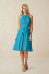 Halter A - Line Chiffon Midi Bridesmaid Dress in Blue Jay - KissProm Bridesmaid Dresses