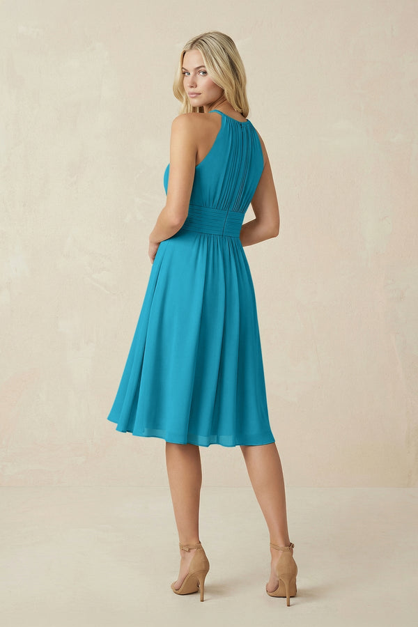 Halter A - Line Chiffon Midi Bridesmaid Dress in Blue Jay - KissProm Bridesmaid Dresses