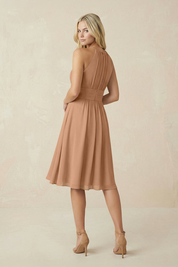 Halter A - Line Chiffon Midi Bridesmaid Dress in Bronzer - KissProm Bridesmaid Dresses