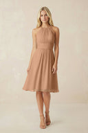 Halter A - Line Chiffon Midi Bridesmaid Dress in Bronzer - KissProm Bridesmaid Dresses