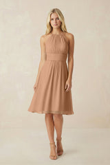 Halter A - Line Chiffon Midi Bridesmaid Dress in Bronzer - KissProm Bridesmaid Dresses