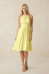 Halter A - Line Chiffon Midi Bridesmaid Dress in Buttercup - KissProm Bridesmaid Dresses