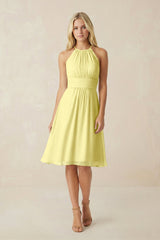 Halter A - Line Chiffon Midi Bridesmaid Dress in Buttercup - KissProm Bridesmaid Dresses