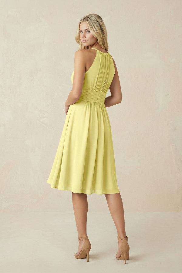 Halter A - Line Chiffon Midi Bridesmaid Dress in Buttercup - KissProm Bridesmaid Dresses