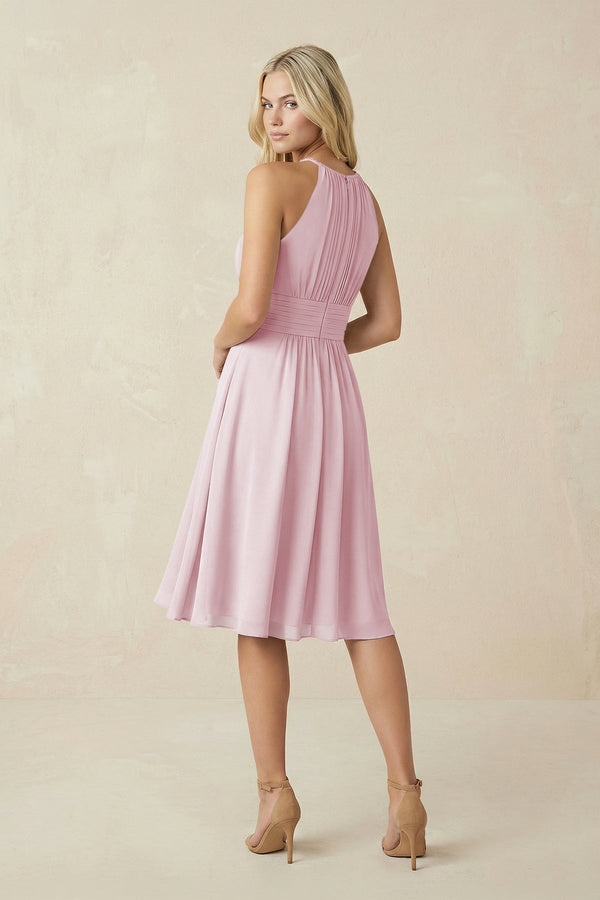 Halter A - Line Chiffon Midi Bridesmaid Dress in Candy Pink - KissProm Bridesmaid Dresses