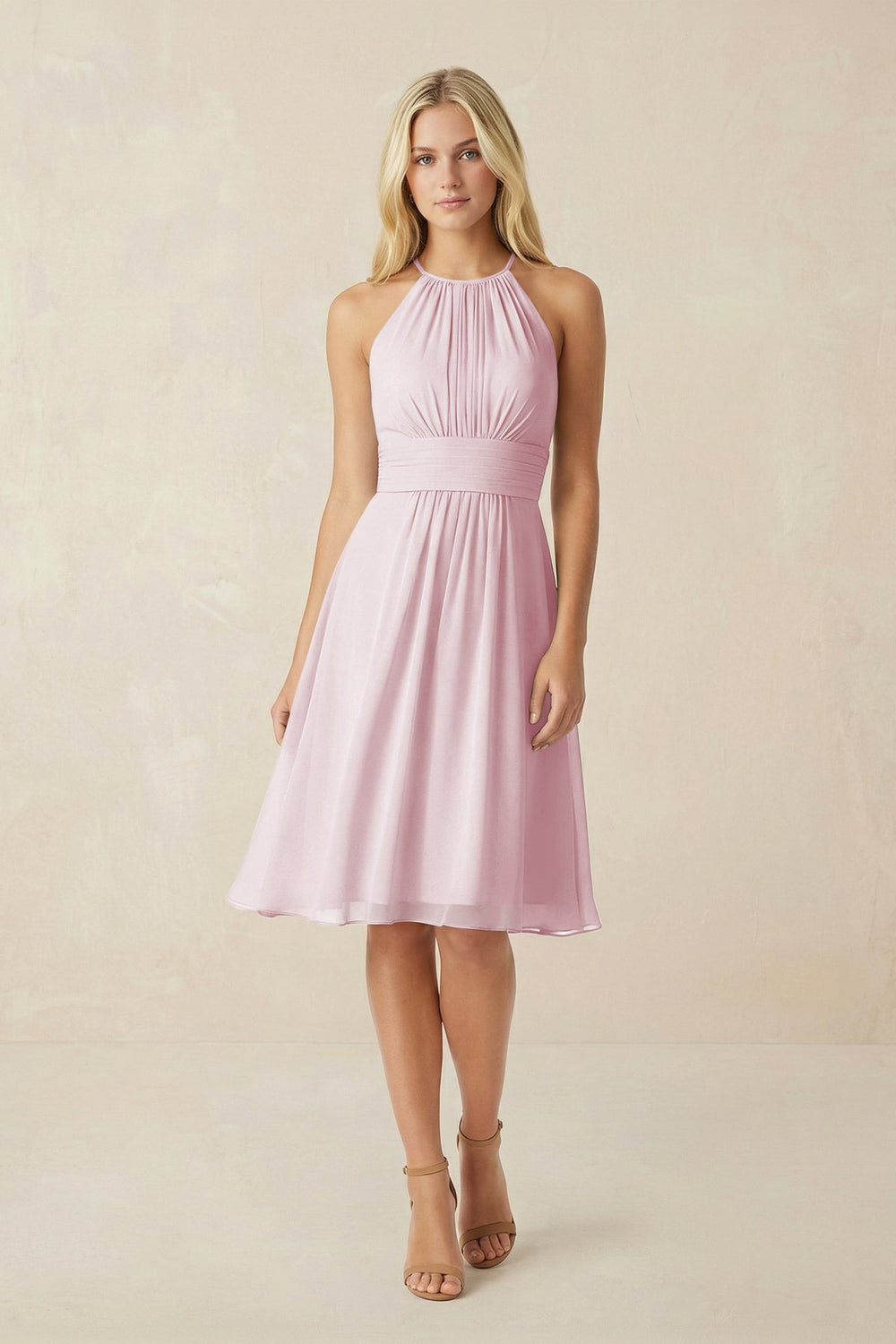 Halter A - Line Chiffon Midi Bridesmaid Dress in Candy Pink - KissProm Bridesmaid Dresses