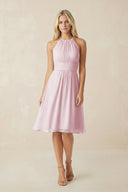 Halter A - Line Chiffon Midi Bridesmaid Dress in Candy Pink - KissProm Bridesmaid Dresses