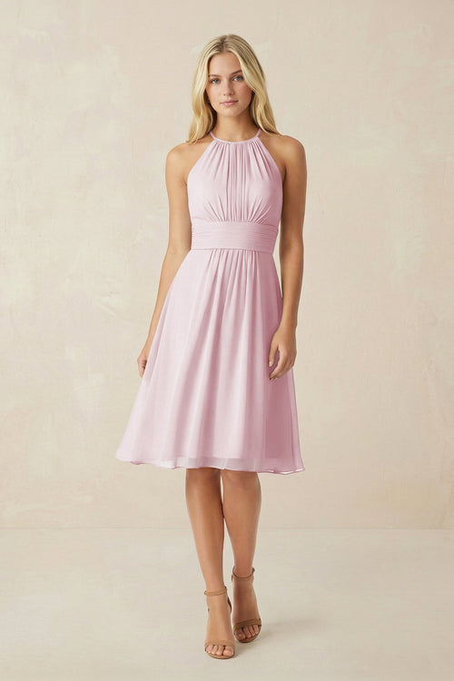 Halter A - Line Chiffon Midi Bridesmaid Dress in Candy Pink - KissProm Bridesmaid Dresses