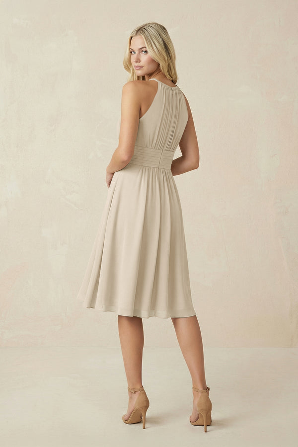 Halter A - Line Chiffon Midi Bridesmaid Dress in Champagne - KissProm Bridesmaid Dresses