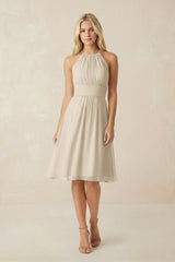 Halter A - Line Chiffon Midi Bridesmaid Dress in Champagne - KissProm Bridesmaid Dresses