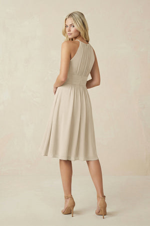 Halter A - Line Chiffon Midi Bridesmaid Dress in Champagne - KissProm Bridesmaid Dresses
