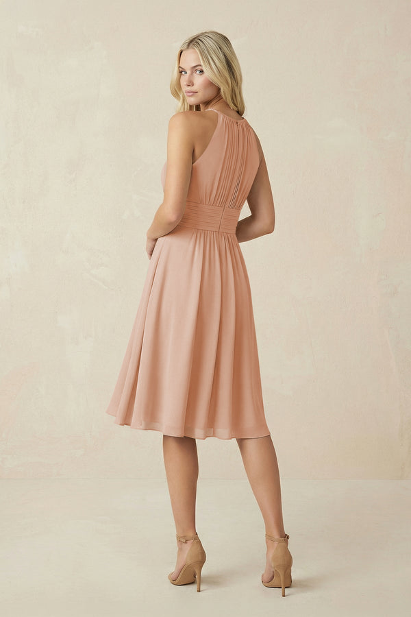 Halter A - Line Chiffon Midi Bridesmaid Dress in Champagne Rose - KissProm Bridesmaid Dresses