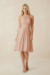 Halter A - Line Chiffon Midi Bridesmaid Dress in Champagne Rose - KissProm Bridesmaid Dresses