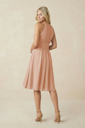 Halter A - Line Chiffon Midi Bridesmaid Dress in Champagne Rose - KissProm Bridesmaid Dresses