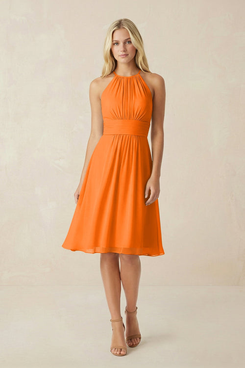 KissProm | Halter Pleated Chiffon Midi Bridesmaid Dress in Cinnamon KissProm | Halter Pleated Chiffon Midi Bridesmaid Dress in Cinnamon