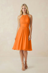 Halter A - Line Chiffon Midi Bridesmaid Dress in Cinnamon - KissProm Bridesmaid Dresses