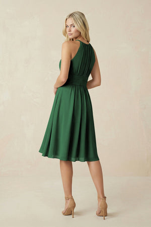 Halter A - Line Chiffon Midi Bridesmaid Dress in Dark Green - KissProm Bridesmaid Dresses
