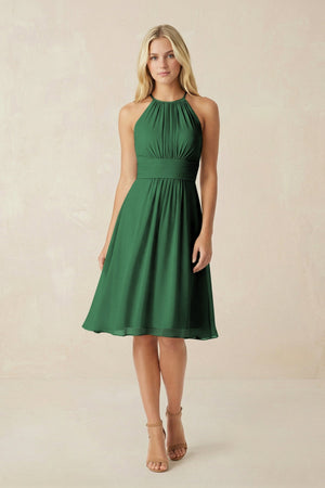 Halter A - Line Chiffon Midi Bridesmaid Dress in Dark Green - KissProm Bridesmaid Dresses