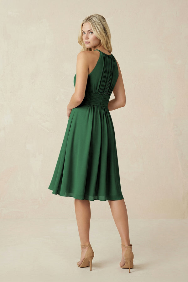 Halter A - Line Chiffon Midi Bridesmaid Dress in Dark Green - KissProm Bridesmaid Dresses