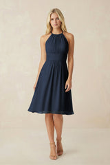 Halter A - Line Chiffon Midi Bridesmaid Dress in Dark Navy - KissProm Bridesmaid Dresses