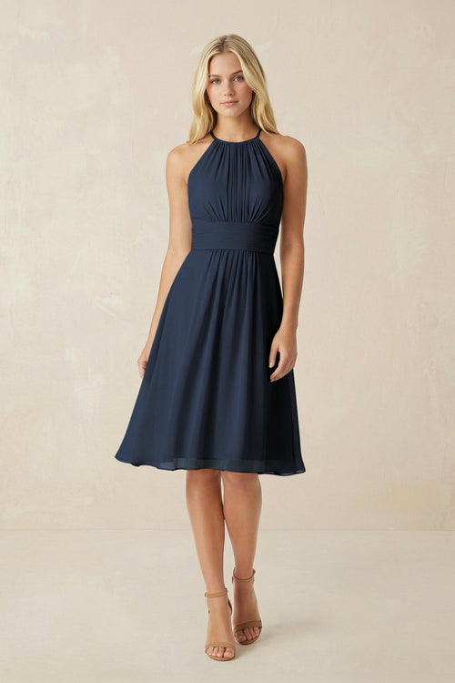 Halter A - Line Chiffon Midi Bridesmaid Dress in Dark Navy - KissProm Bridesmaid Dresses
