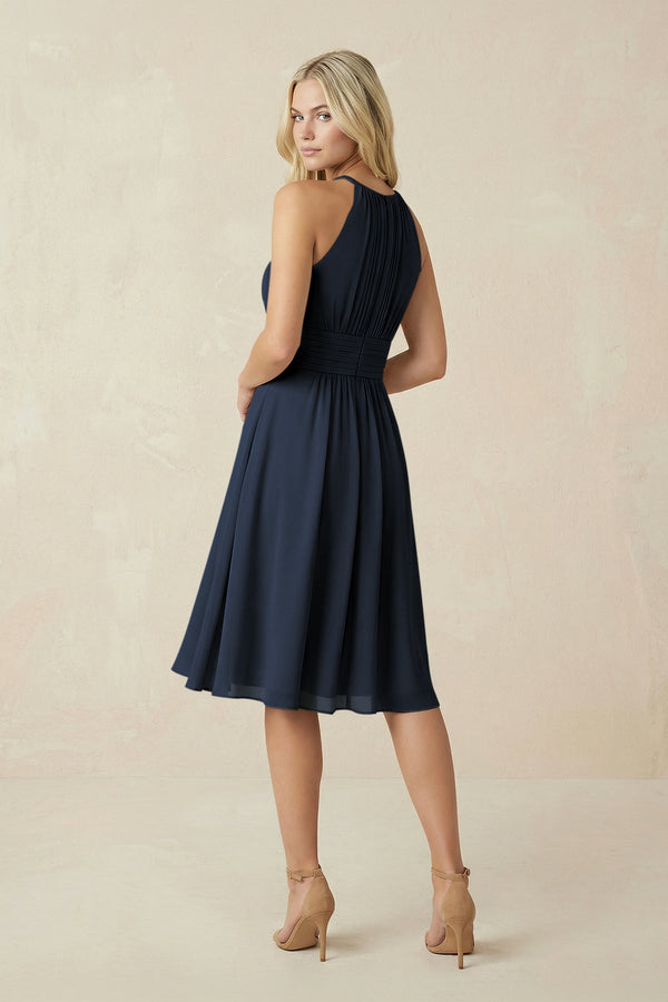 Halter A - Line Chiffon Midi Bridesmaid Dress in Dark Navy - KissProm Bridesmaid Dresses
